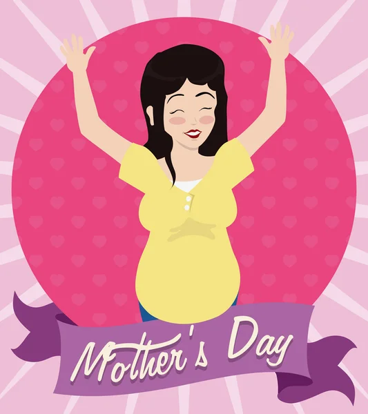 Lachende zwangere vrouw met haar handen omhoog viert Moederdag, vectorillustratie — Stockvector