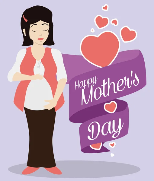 Vrouw strelen haar buik met een lint voor Mother's Day, vectorillustratie — Stockvector