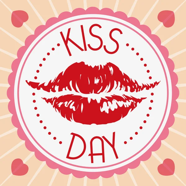 Röda läppar Print i en härlig etikett för kyss dag, vektor Illustration — Stock vektor