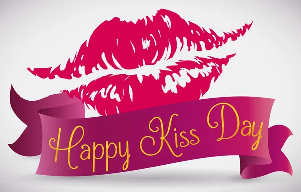 Usta wydruku z wstążką wokół niego upamiętniający Kiss dnia, ilustracji wektorowych — Wektor stockowy