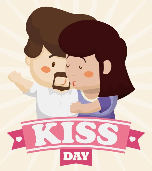 Pareja tierna besándose con un saludo del día de la cinta y del beso, ilustración del vector — Archivo Imágenes Vectoriales