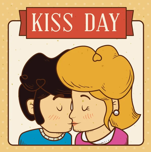 Paar küsst sich im Kuss Tag in Retro-Design-Karte, Vektor-Illustration — Stockvektor