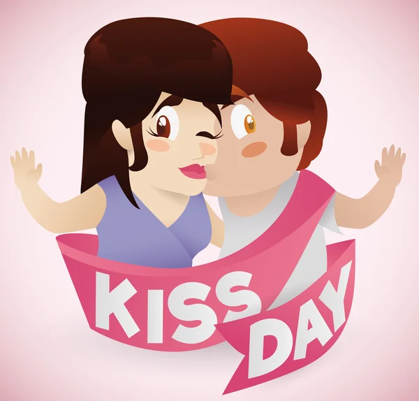 Garoto beijando sua namorada com fita do dia do beijo, ilustração vetorial — Vetor de Stock