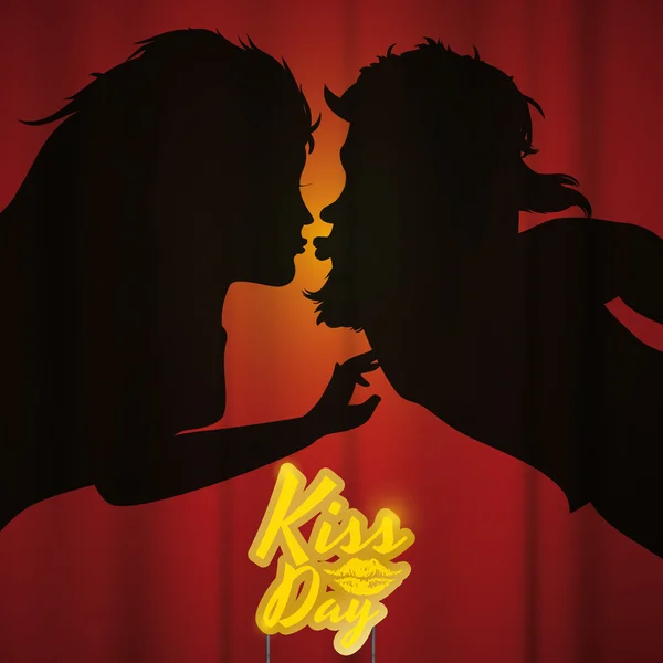 Paar Silhouette küsst sich hinter Vorhang und einem Kuss Tag Zeichen, Vektorillustration — Stockvektor