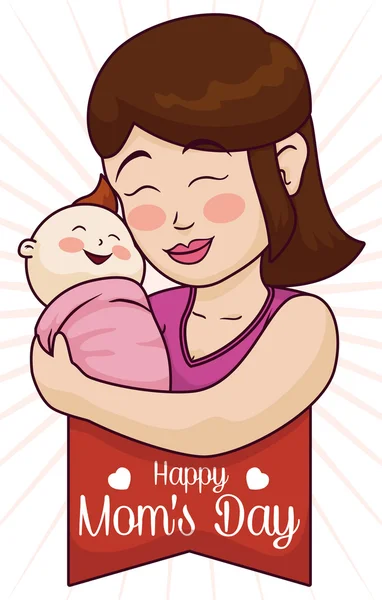 Moeder haar Baby lacht met Mother's Day lint, vectorillustratie knuffelen — Stockvector