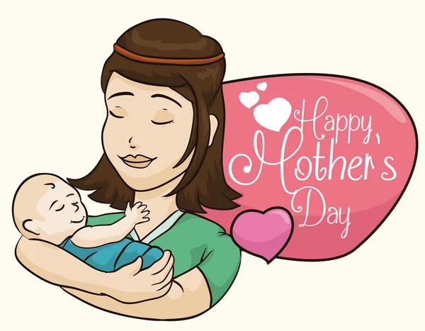 Mooie uitvoering van de moeder in haar Baby Arms in Moederdag, vectorillustratie — Stockvector
