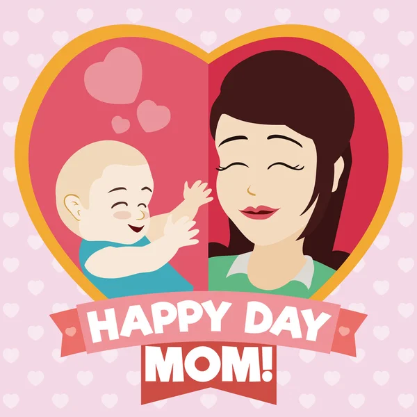 Moeder en Baby binnen een hart met Moederdag linten, vectorillustratie — Stockvector