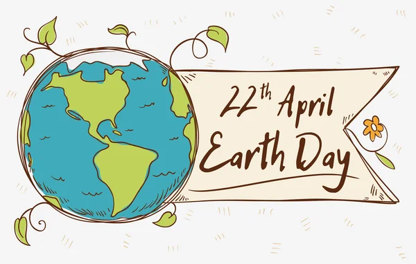 Planeta Tag for Earth Day in Doodle Style, Vector Illustration — Vector de stock