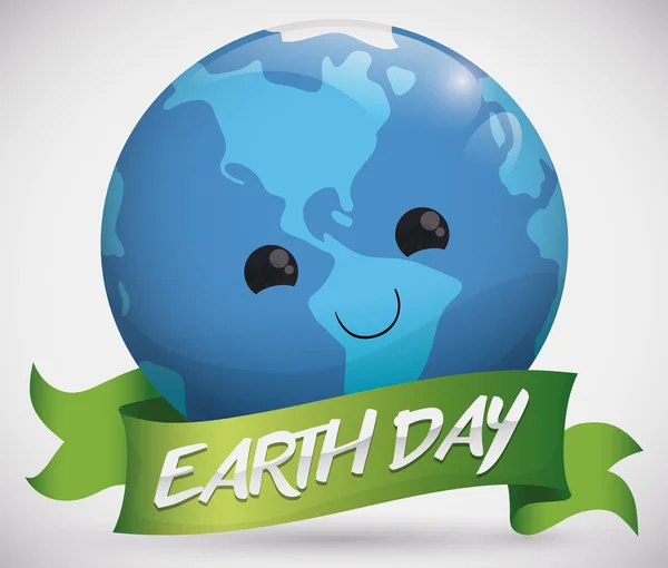 Cara tierna del planeta con una cinta para el Día de la Tierra, ilustración vectorial — Vector de stock