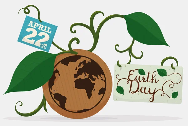 Rappel de la Terre avec feuilles, vignes et cartes pour le Jour de la Terre, Illustration vectorielle — Image vectorielle