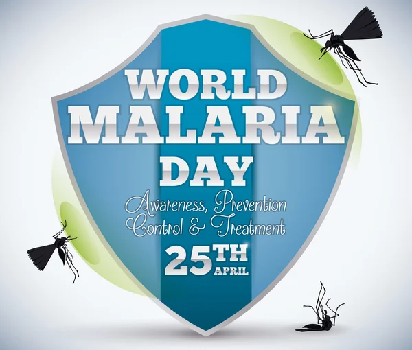 Αναμνηστικές σειρές παγκόσμιας ημέρας της ελονοσίας και τα κουνούπια τριγύρω, εικονογράφηση φορέας ασπίδα — Διανυσματικό Αρχείο