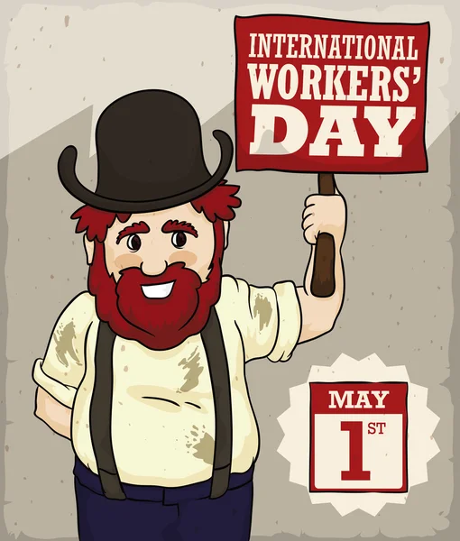 Operaio sorridente che tiene uno stendardo che commemora il giorno dei lavoratori, illustrazione vettoriale — Vettoriale Stock