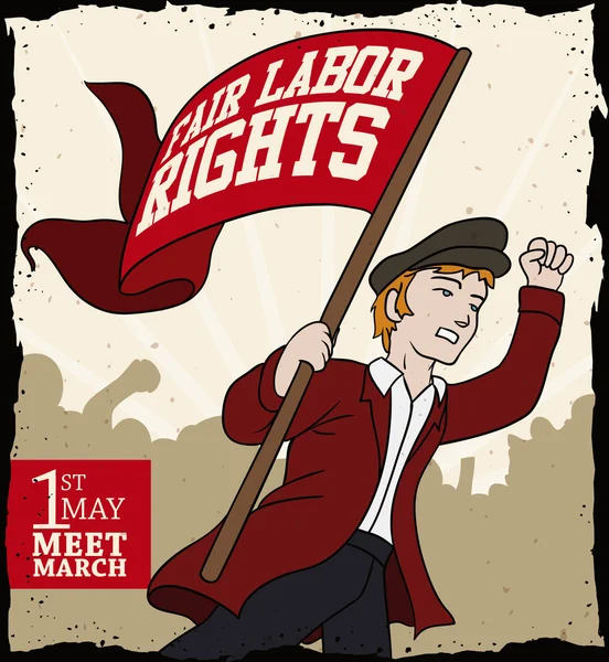 Junger Mann ruft zum Marsch am Tag der Arbeiter auf, Vektor-Illustration — Stockvektor