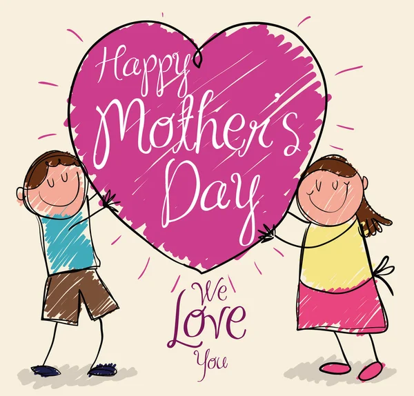 Dibujo de regalo de hijo e hija para mamá en el día de la madre, ilustración vectorial — Vector de stock