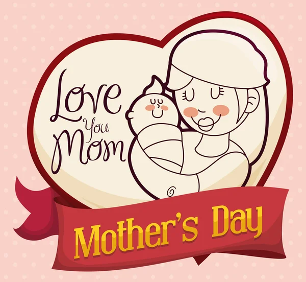 Corazón encantador con mamá y bebé en el interior conmemorando el día de la madre, ilustración vectorial — Vector de stock