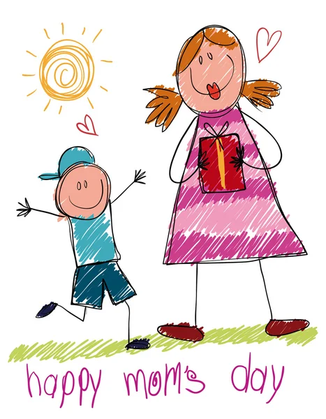 Tekening in Doodle stijl gemaakt door een kind voor Mother's Day, Vector Illustratie — Stockvector