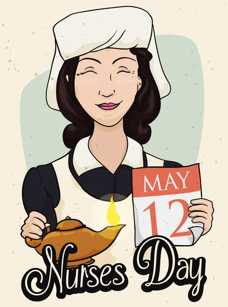 Retro verpleegkundige dag viering Poster met een verpleegkundige van schoonheid, vectorillustratie — Stockvector