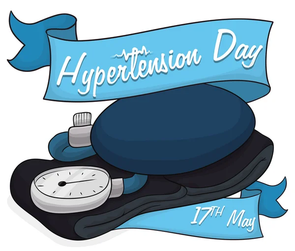Polsino pressione sanguigna con nastri per commemorare la giornata mondiale dell'ipertensione, illustrazione vettoriale — Vettoriale Stock
