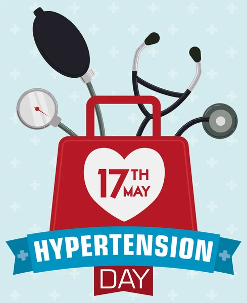 Borsa medica con stetoscopio e sfigmomanometro Commemorazione della Giornata Mondiale dell'Ipertensione, Illustrazione vettoriale — Vettoriale Stock