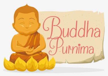 Buddha ve kaydırma Vesak, vektör çizim için altın heykeli