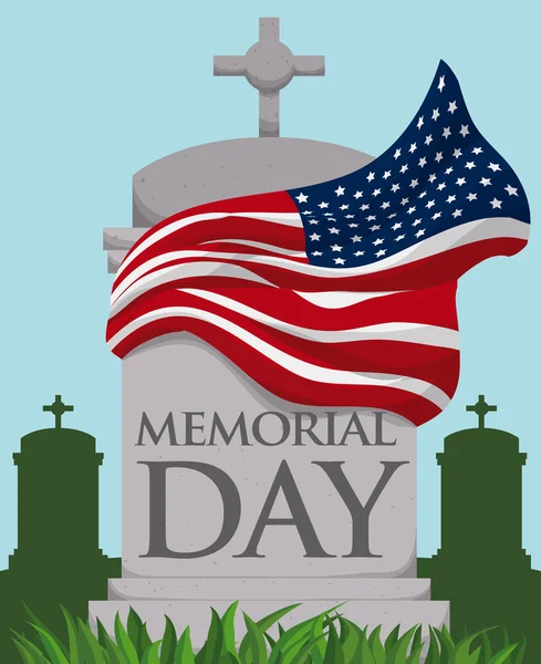 Tombstone avec le drapeau agitant autour de lui dans Memorial Day, Illustration vectorielle — Image vectorielle