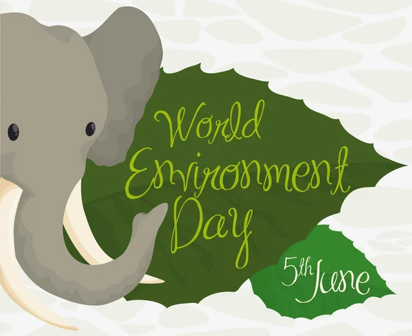 Peeping out Elephant Head over Leaves for World Environment Day, Vector Illustration — Stock Vector