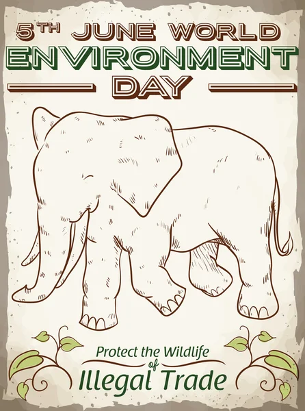 Retro Poster with Cute Elephant for World Environment Day, Vector Illustration — Stock Vector