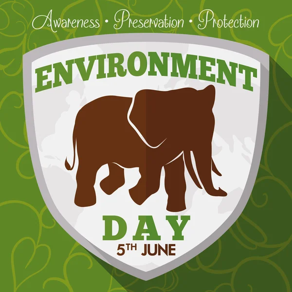 Elephant Silhouette in Flat Poster For Environment Day, Vector Illustration — Stock Vector