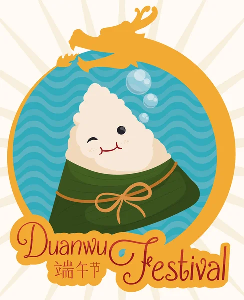 Zongzi bonito em botão com um dragão para Duanwu Festival, ilustração vetorial — Vetor de Stock