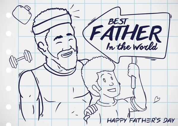 Papa mit seinem Sohn beim Turnen und Feiern des Vatertags, Vektorillustration — Stockvektor