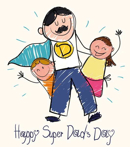 Día del Padre Dibujando con Niños y Super Papá, Ilustración de Vectores — Vector de stock