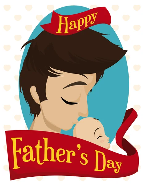 Amar a papá besando a su bebé recién nacido con el saludo del día del padre, ilustración vectorial — Vector de stock