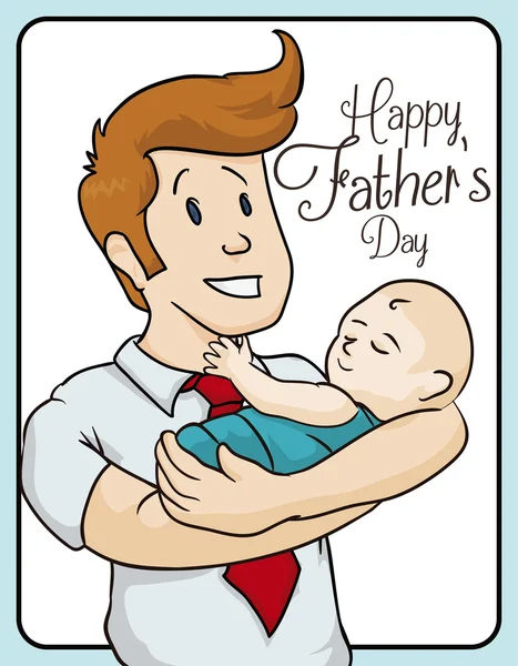 Blondynka tata obchodzi Dzień Ojca z dzieckiem w ramionach, ilustracji wektorowych — Wektor stockowy
