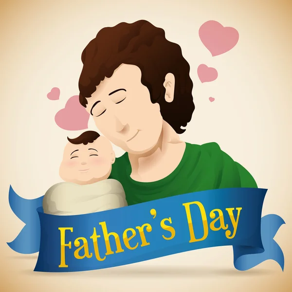 Retrato de papá y bebé con cinta para el día del padre, ilustración vectorial — Vector de stock