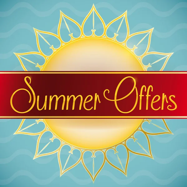 Summer Offers Poster with a Ribbon and Sun Shape, Vector Illustration — Stock Vector