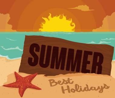 Sunset Beach yaz, vektör çizim için ahşap işaretiyle görünümünde