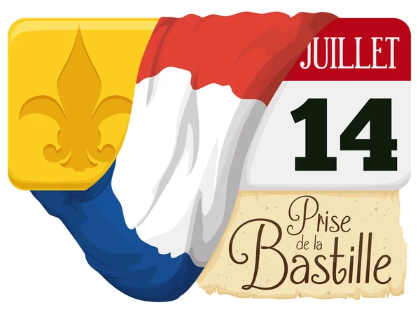 Calendrier avec Rappel Date pour la célébration du 14 juillet en France, Illustration vectorielle — Image vectorielle