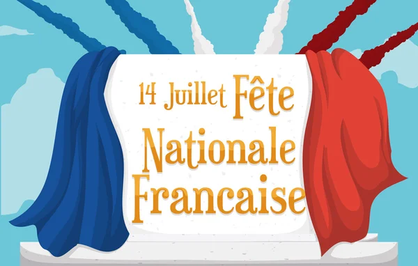 Plakát s francouzskou vlajkou a Airshow kouř slaví den pádu Bastily, vektorové ilustrace — Stockový vektor
