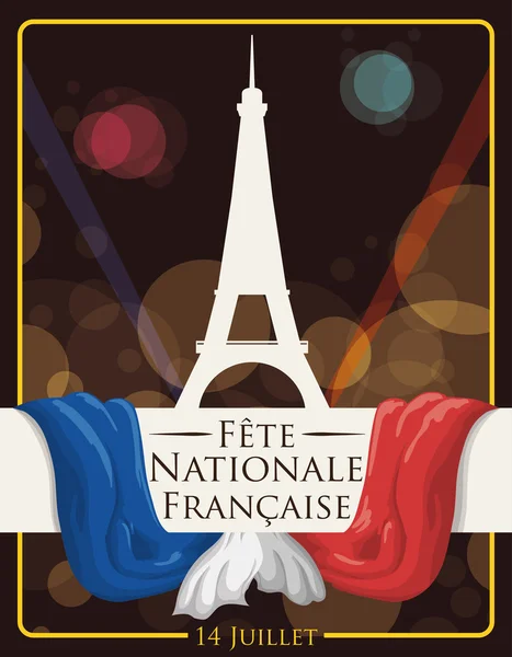 Carte postale avec Tour Eiffel et drapeau pour la fête nationale française, Illustration vectorielle — Image vectorielle