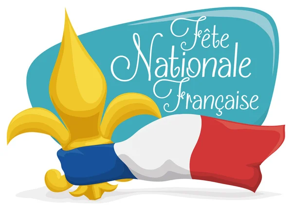 Fleur-de-Lis d'or avec le drapeau de la France et signe pour la fête nationale française — Image vectorielle