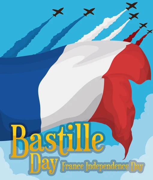 Розмахуючи прапором Франції в Bastille день святкування з літаків, Векторні ілюстрації — стоковий вектор