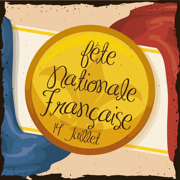 Postal retro con botón conmemorativo para el Día Nacional Francés, ilustración vectorial — Vector de stock