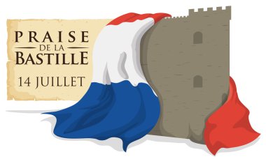 Bastille Fortress with France Flag and Scroll Remembering the Storming, Vector Illustration clipart