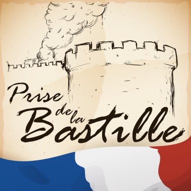 Elle çizilmiş stil ve Fransız bayrağı, vektör çizim fırtınası bastille