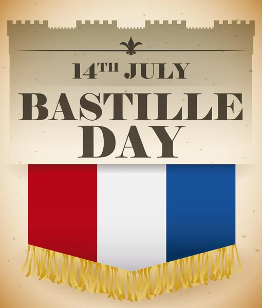 Bandera con flecos en un póster retro con fecha del día de la Bastilla, ilustración vectorial — Vector de stock