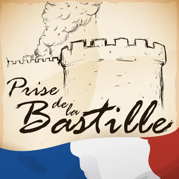 Bastille Storming in Hand Drawn Style and French Flag, Vector Illustration — Stock Vector