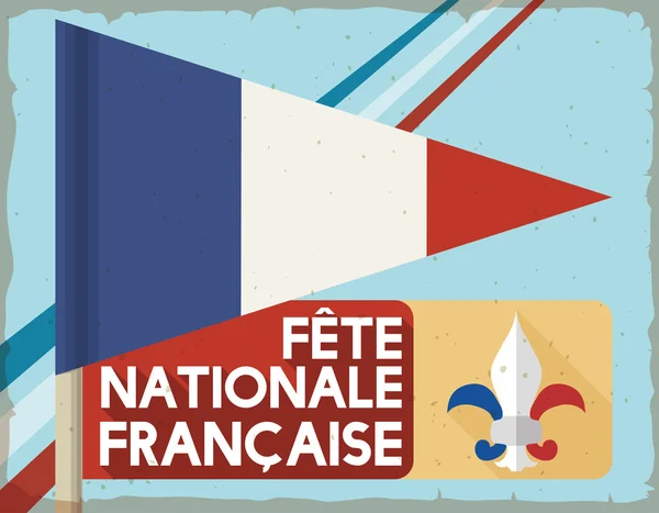 Postal retro con Pennant y etiqueta conmemorativa del Día Nacional Francés, Vector Illustration — Vector de stock