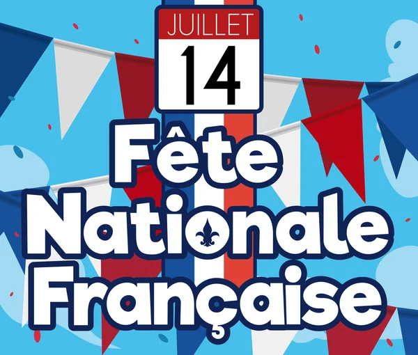 Bandera de Francia festiva con buntings y confeti para el día de la independencia, ilustración vectorial — Archivo Imágenes Vectoriales