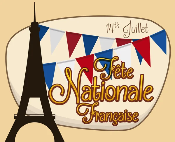 Silhouette et bruants de la Tour Eiffel pour la fête nationale française, Illustration vectorielle — Image vectorielle