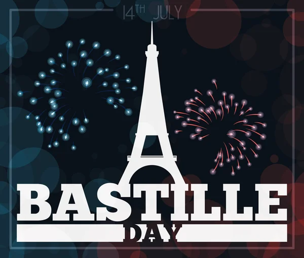 Bastille Day viering ansichtkaart met vuurwerk, vectorillustratie — Stockvector